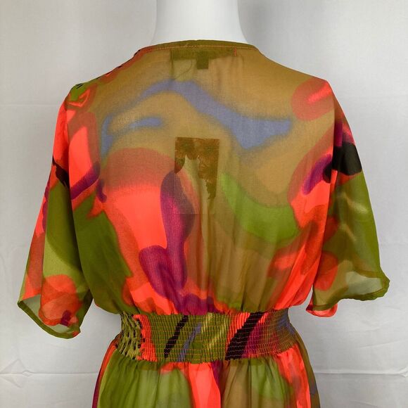 NWT‎ America & Beyond Dress Womens S Green Pink V-Neck Tie Smocked Waist A-Line - Picture 5 of 12